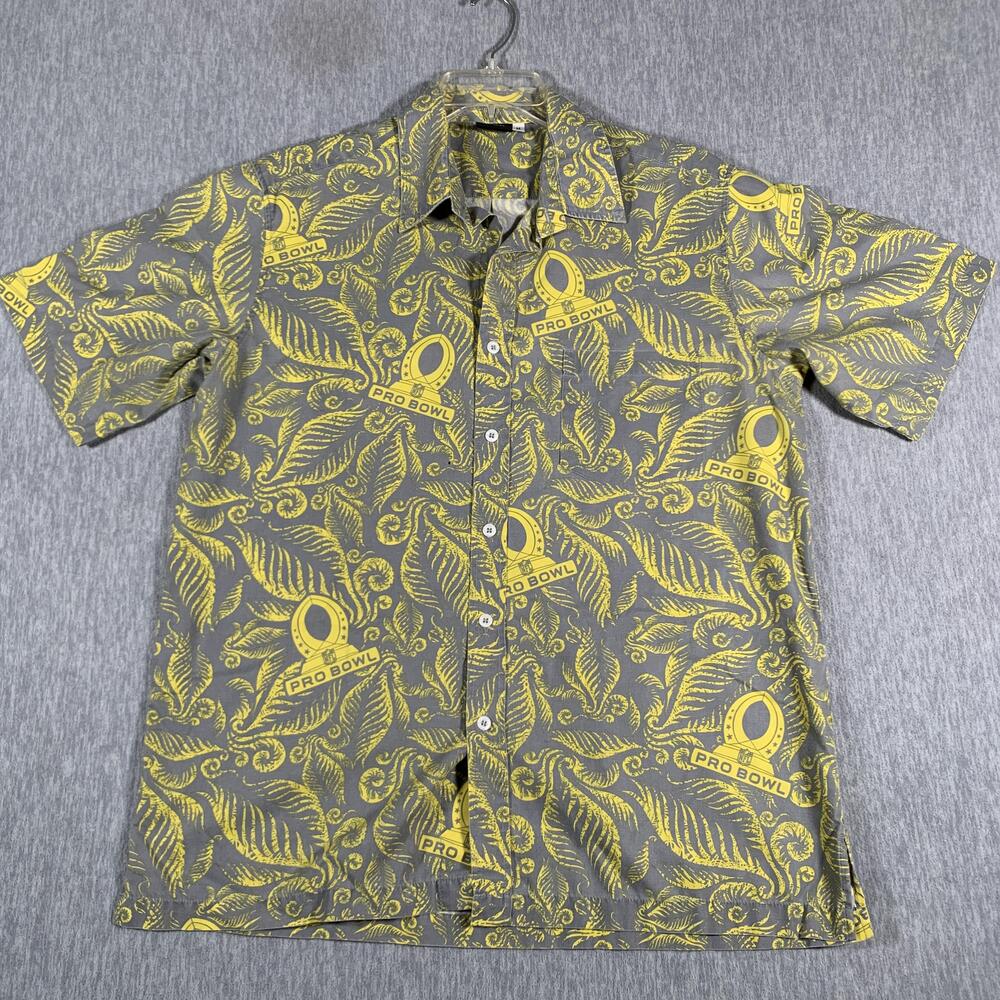 NFL Pro Bowl Shirt Mens Medium Gray Yellow Hawaiian Button Front Football